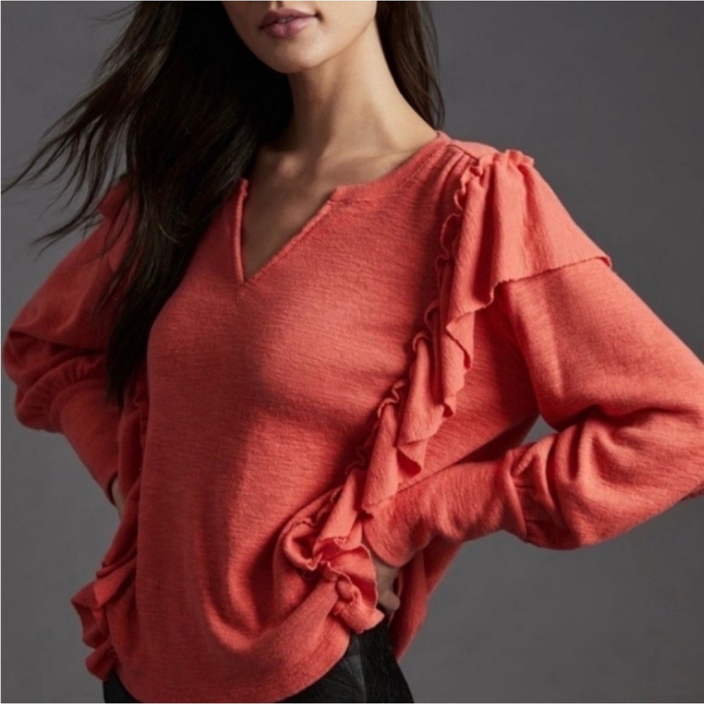 Pilcro Anthropologie Coral‎ Slub Knit Ruffle V-Neck Top XL Long Sleeve Pink Boho